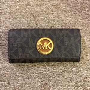 Michael Kors Dark Brown Logo Continental Wallet with Gold MK Medallion
